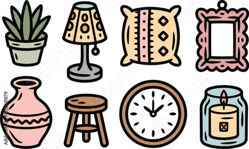 A delightful cozy home decor elements vector illustration collection showcasing essential lifestyle objects like a potted succulent plant, bedside lamp, decorative pillow, wall clock, wooden stool, pi