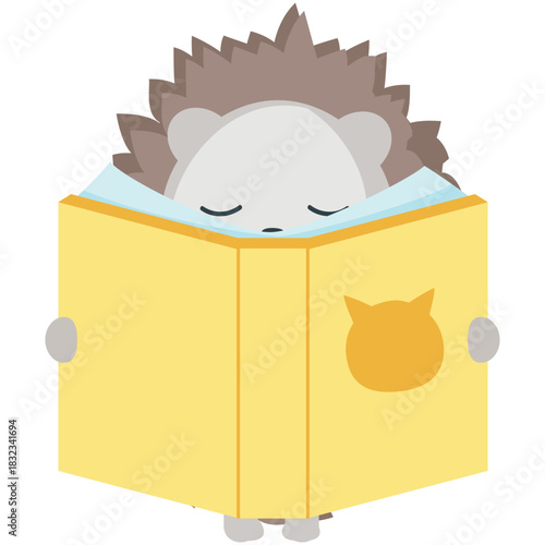 Hedgehog vector. Cartoon animal with book illustration. Cute forest reader character reading story isolated on white background