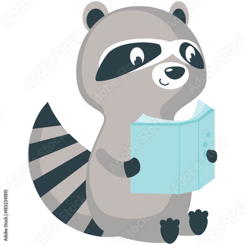 Raccoon reading book vector icon. Cartoon cute animal bookworm character illustration isolated on white background
