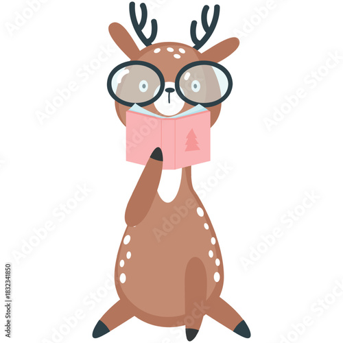 Deer reading vector. Cute animal with story book illustration. Reindeer literature learning, library fan character isolated on white background