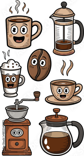 Cheerful, whimsical cartoon coffee characters and brewing equipment set featuring a happy smiling mug, cute latte cup, espresso saucer, adorable bean, retro manual grinder, French press machine, and g