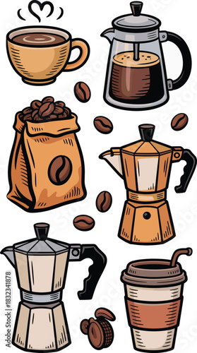 Detailed vector graphic set featuring traditional and modern coffee brewing icons, showcasing an espresso moka pot, glass French press, steaming hot cup, travel mug, and roasted beans bag, ideal for b