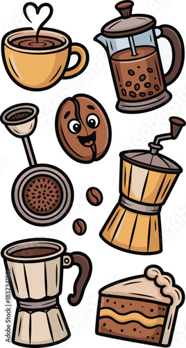 A detailed cartoon coffee icons illustration set featuring a happy bean character, steaming cup with heart vapor, French press, Italian Moka pot, manual grinder, filter, and sweet breakfast cake slice