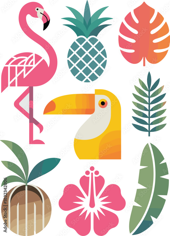 Naklejka premium Tropical summer icon set featuring vibrant flat design illustrations of exotic fauna and flora including a pink flamingo, yellow toucan bird, spiky pineapple, large monstera, and hibiscus flower graph