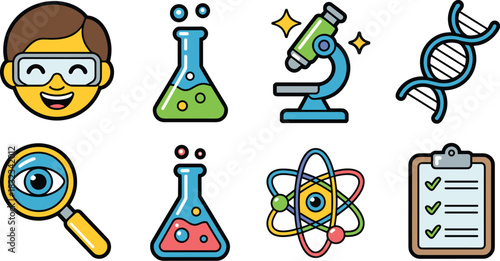 Comprehensive vector collection of science education icons featuring a student scientist, DNA structure, biology microscope, atom model, and chemistry lab flasks, symbolizing academic research, analys