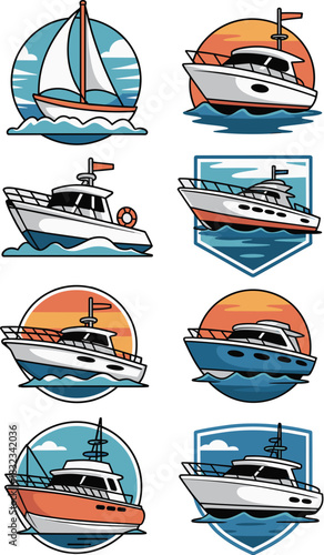 Eight different nautical vector illustration emblems and badges featuring modern speedboats, luxury motor yachts, classic sailboats, and rugged fishing cruisers. Graphic resource collection in a vibra