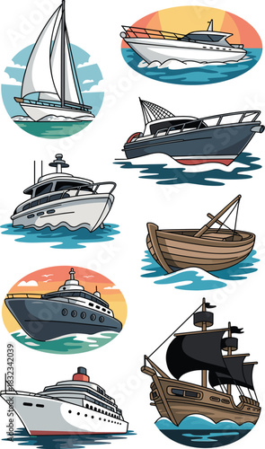 Comprehensive set of cartoon water transportation vessels featuring a modern luxury yacht, passenger cruise ship, classic sailboat, high-speed powerboat, traditional fishing skiff, and pirate galleon