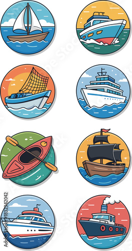 Professional vector icon set of diverse water transportation vessels and boats: modern luxury yacht, sailboat, fishing trawler, historical ship, cruise liner, kayak, and tugboat collection for travel,