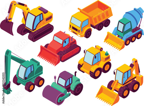 Collection of colorful isometric heavy construction machinery set, including excavators, dump trucks, cement mixers, tracked bulldozers, road rollers, and wheel loaders, perfect industrial vehicles gr