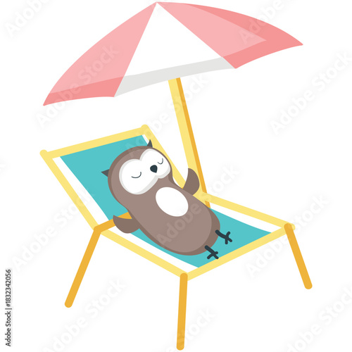 Owl rest on beach vector. Vacation relax icon. Beak bird lying on deck chair under umbrella enjoy summer travel fun season holiday at seaside illustration isolated on white background
