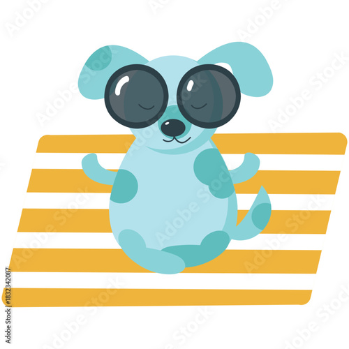 Dog rest on beach vector. Vacation relax icon. Animal meditating sitting in lotus pose on plaid enjoy summer travel fun season holiday at seaside illustration isolated on white background