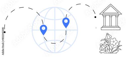 Globe with location markers, dashed travel paths, a historical building, and plants. Ideal for global connectivity, travel, exploration, cultural heritage, nature conservation education