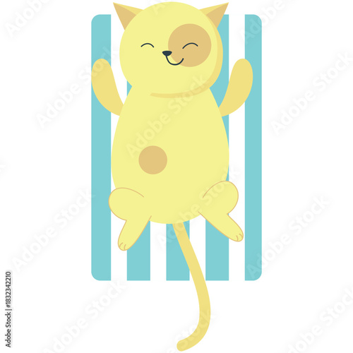 Cat rest on beach vector. Vacation relax icon. Cute pet animal sunbathing lying on plaid enjoy summer travel sun and season holiday at seaside illustration isolated on white background