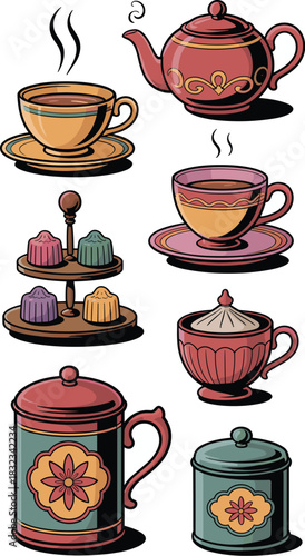 Elegant traditional tea service collection vector graphic featuring ornate colorful steaming teacups, a vintage red teapot, beverage storage caddy tins, and a tiered dessert stand with molded sweets,