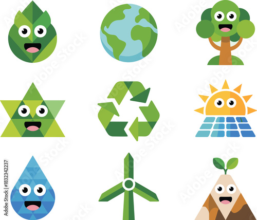 A vibrant set of cute smiling flat design geometric nature characters and eco-friendly icons representing renewable energy, global conservation, environment protection, water, sun, wind power, recycli