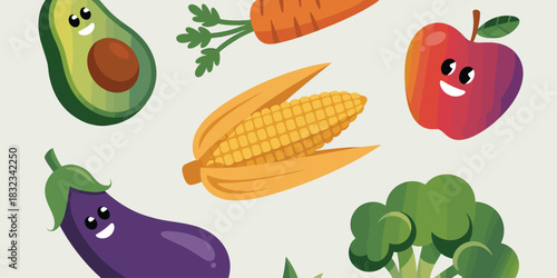 Cheerful, friendly, and vibrant cartoon anthropomorphic produce characters like apple, avocado, broccoli, corn, carrot, and eggplant, conceptual health and fresh nutrition education, modern vector ill