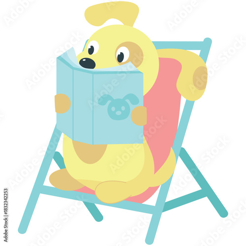 Dog rest on beach vector. Vacation relax icon. Cute animal reading story book sitting on deck chair enjoy summer travel on season holiday at seaside illustration isolated on white background