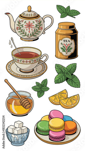 Comprehensive vector illustration of afternoon tea essentials, including traditional floral teapot, teacup, various sweet flavorings like honey, sugar, and zesty lemon, alongside gourmet colorful Fren