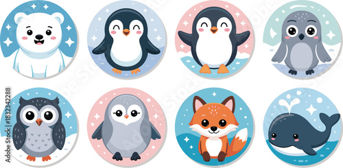 Adorable cartoon Arctic animals vector illustration collection featuring cute polar bear, smiling penguins, snowy owl, red fox, gray seal, and baby whale icons, charming round stickers for kids educat