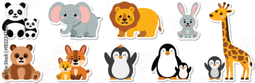 Diverse collection of cute cartoon baby and parent wild animal stickers, including panda, elephant, lion, giraffe, rabbit, bear, and penguin, offering cheerful, happy vector graphics illustrations per