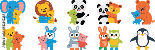 Collection of cute cartoon animals, including elephant, majestic lion, panda bear, brown bear, lively rabbits, and owl, happily hugging and embracing smaller baby animals, illustrating concepts of fam