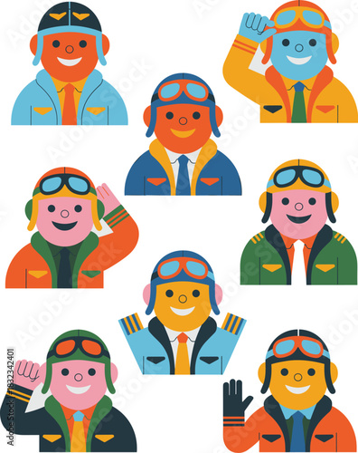 A cheerful collection of diverse professional airline pilots and air crew aviator avatars in colorful flat design vector illustration style, wearing vintage flight caps and goggles, suitable for trave