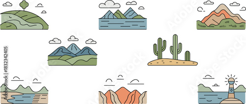 Comprehensive collection of diverse minimalist nature landscape icons set, depicting rolling hills, arid desert cacti scenes, high mountain peaks, calm sea water bodies, rugged terrain, and a nautical