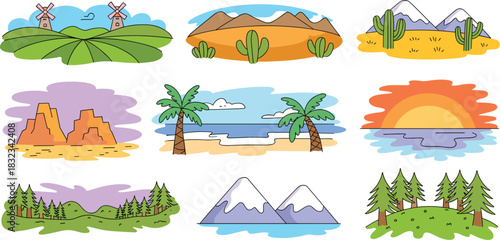 Diverse hand-drawn geography environment icons collection featuring nine natural landscape elements: snowy peaks, arid desert, tropical beach, dense forest, cultivated farmland, canyon rocks, and ocea