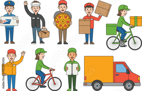 Diverse collection of professional delivery service workers and friendly couriers transporting essential goods, packages, mail, parcels, and hot food via bike, walking, and large cargo truck, depictin