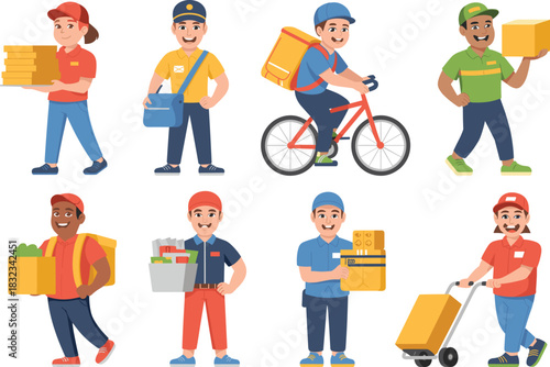Diverse group of cheerful delivery workers and smiling couriers transporting assorted packages, postal mail, and food boxes by bicycle and cart, essential vector illustration showcasing modern logisti