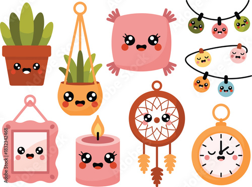 A charming and cute kawaii vector illustration set featuring various cozy home decor and lifestyle items like happy potted plants, hanging succulents, soft pink pillows, burning candles, decorative pi