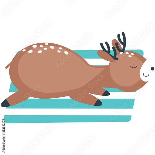 Deer on beach vector. Cute reindeer enjoy summer icon. Funny lazy sleepy animal sunbathing on plaid blanket. Holiday on weekend, season rest, happy character illustration isolated on white background