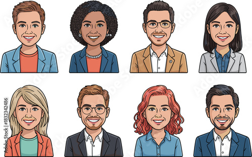 Collection of eight diverse cartoon business professionals and employees, friendly smiling vector avatars ideal for corporate team staff documentation, UI/UX design, website profile iconography, repre