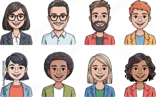 Eight diverse professional business avatars, including men and women wearing corporate casual and formal jackets, cheerfully smiling team members suitable for modern digital communication, user interf