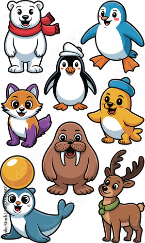 Vibrant vector collection of nine cute arctic and antarctic wildlife characters, including smiling polar bear, emperor penguin, walrus, reindeer, seal, and fox mascots, ideal for children's learning,