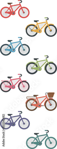 Vibrant assortment of colorful vector bicycles icons, illustrating various styles like road, mountain, and city commuter bikes for urban sustainable transportation, promoting active lifestyle, fitness