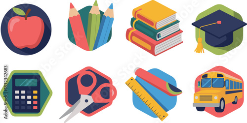 A vibrant collection of academic education and school supply icons featuring flat modern graphic design elements like textbooks, a yellow school bus, red apple, graduation cap, calculator, ruler, scis