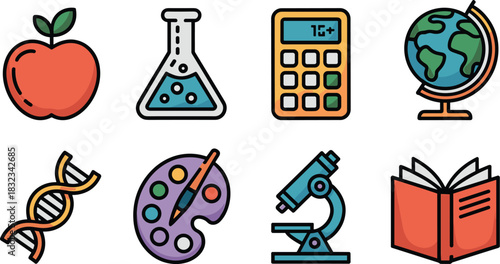 Vibrant, flat, and colorful academic school subjects icon set illustration collection, showcasing learning tools like apple, beaker, globe, book, DNA, calculator, palette, and microscope vector graphi
