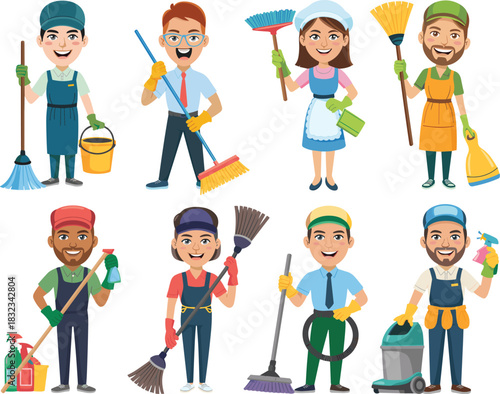 Diverse group of male and female professional cleaning services workers and maintenance staff holding brooms, vacuums, and janitorial supplies, smiling team members in a cheerful flat vector illustrat
