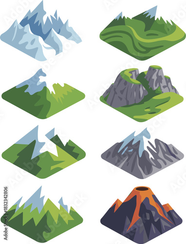 Diverse isometric vector collection of eight geographical terrain assets including snowy mountain ranges, steep volcanic peaks, rugged rocky outcrops, and rolling green hills for modern mapping infogr