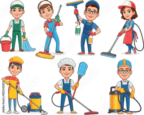 Friendly professional cleaning service workers and maintenance crew team characters holding janitorial equipment, including vacuums, mops, buckets, and scrubbing tools, detailed in a vibrant vector ca