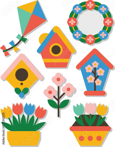 Colorful spring themed flat design vector illustration set featuring decorative birdhouses, potted tulips, bright wildflowers, a cheerful kite, and a floral wreath, perfect graphic resources for seaso
