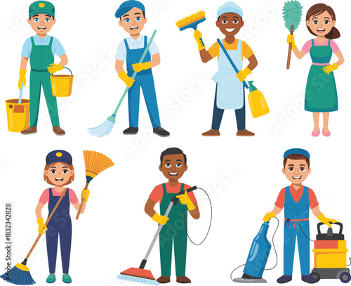 Diverse professional cleaning service workers team illustration collection showing happy janitors staff performing facility maintenance labor using various household and commercial sanitation equipmen