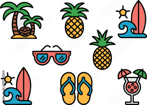 Essential tropical summer vacation and holiday icon collection featuring beach essentials like palm trees, pineapples, surfboards, sunny sunglasses, cold drinks, and sandals, useful for tourism, trave