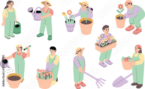 A large group of diverse gardeners planting seedlings and watering flowers, tending to their colorful potted plants and cultivating crops, using tools like a shovel and rake, showcasing agricultural w