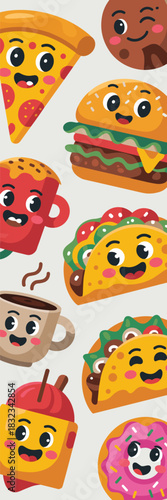 Cute kawaii cheerful fast food and drink vector illustration seamless pattern featuring happy anthropomorphic pizza, burger, tacos, cookie, donut, and coffee icons, perfect for restaurant menu design,