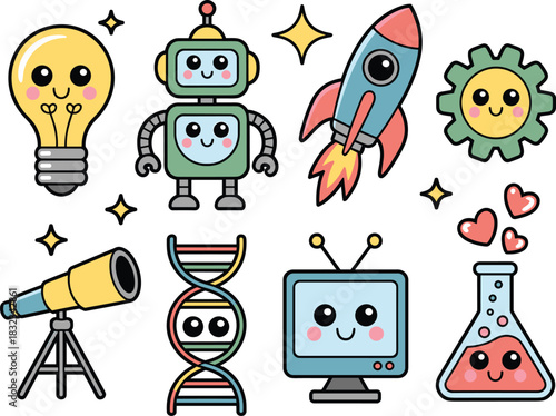 Kawaii cartoon vector icons for STEM education and scientific discovery research: cheerful lightbulb, friendly robot, space rocket, DNA helix strand, telescope, chemistry flask, and engineering gear g