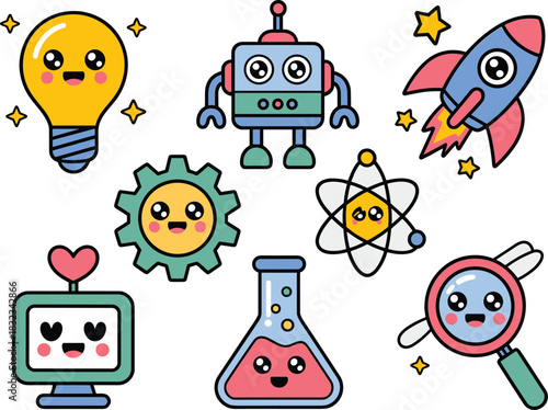 Cheerful kawaii science and technology icons vector illustration set featuring happy cartoon characters like a lightbulb, robot, rocket ship, atom, gear, and lab flask for modern innovative STEM educa