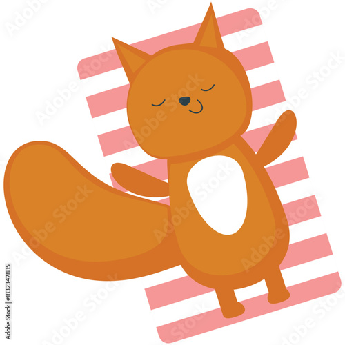 Fox on summer beach vector. Kawaii cartoon funny forest animal icon. Lazy cute character sunbathing sleeping rest on plaid blanket isolated on white background