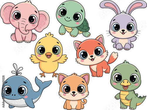 Charming, playful, and incredibly cute baby animals vector illustration collection, perfect graphic resource for kids education and nursery decor; isolated digital cartoon characters including elephan